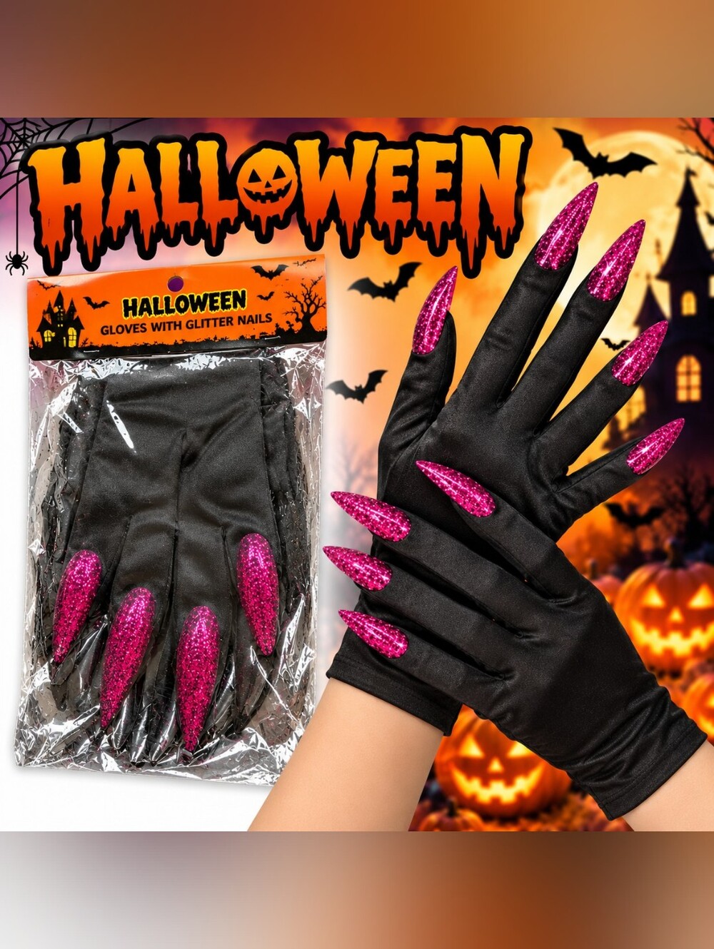 Halloween Black Gloves with Pink Glitter Claws - Party Costume Accessory